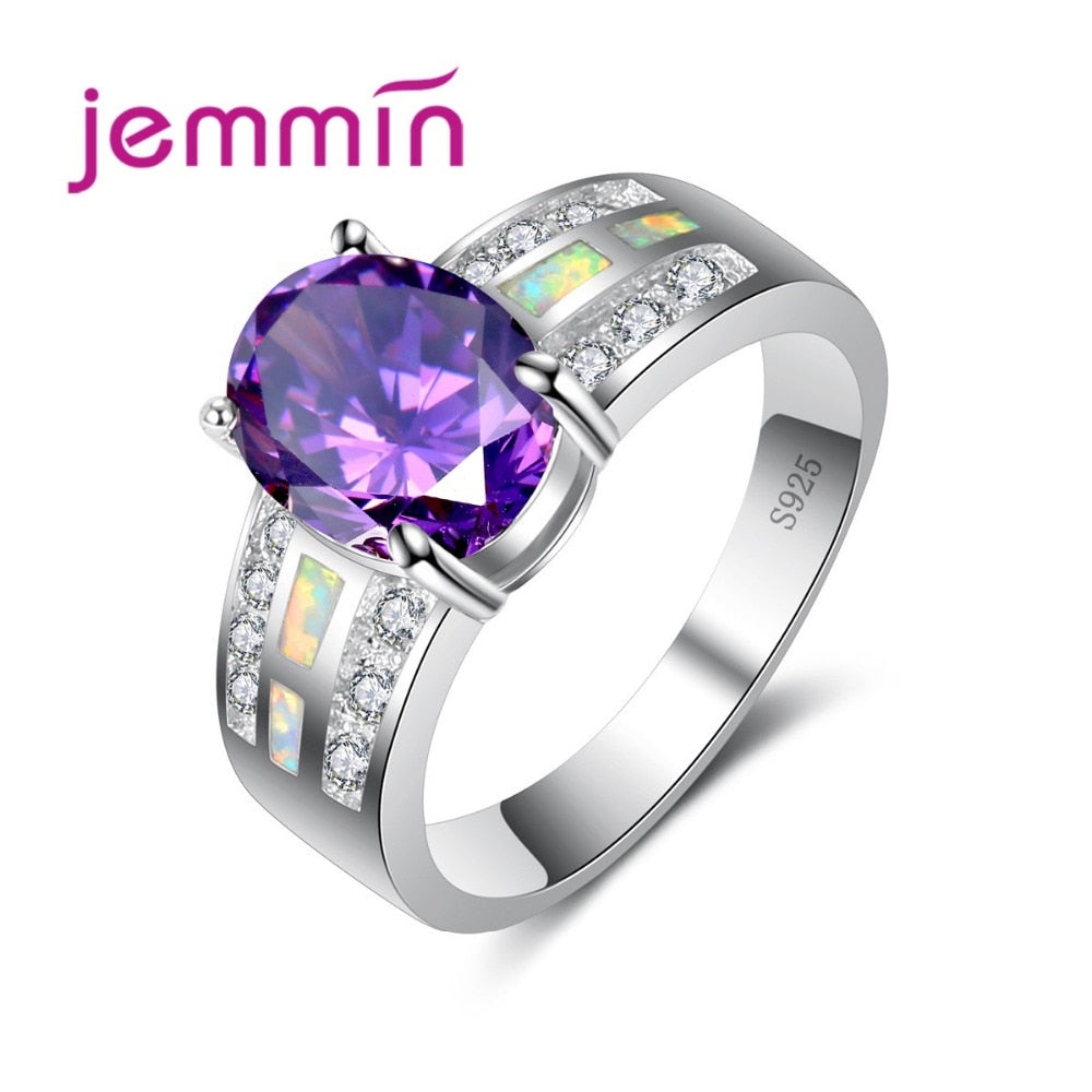 Angel Girl Natural Australia White Opal Rings for Women Jewelry Cocktail Party Big Purple CZ Silver Colour Round Rings