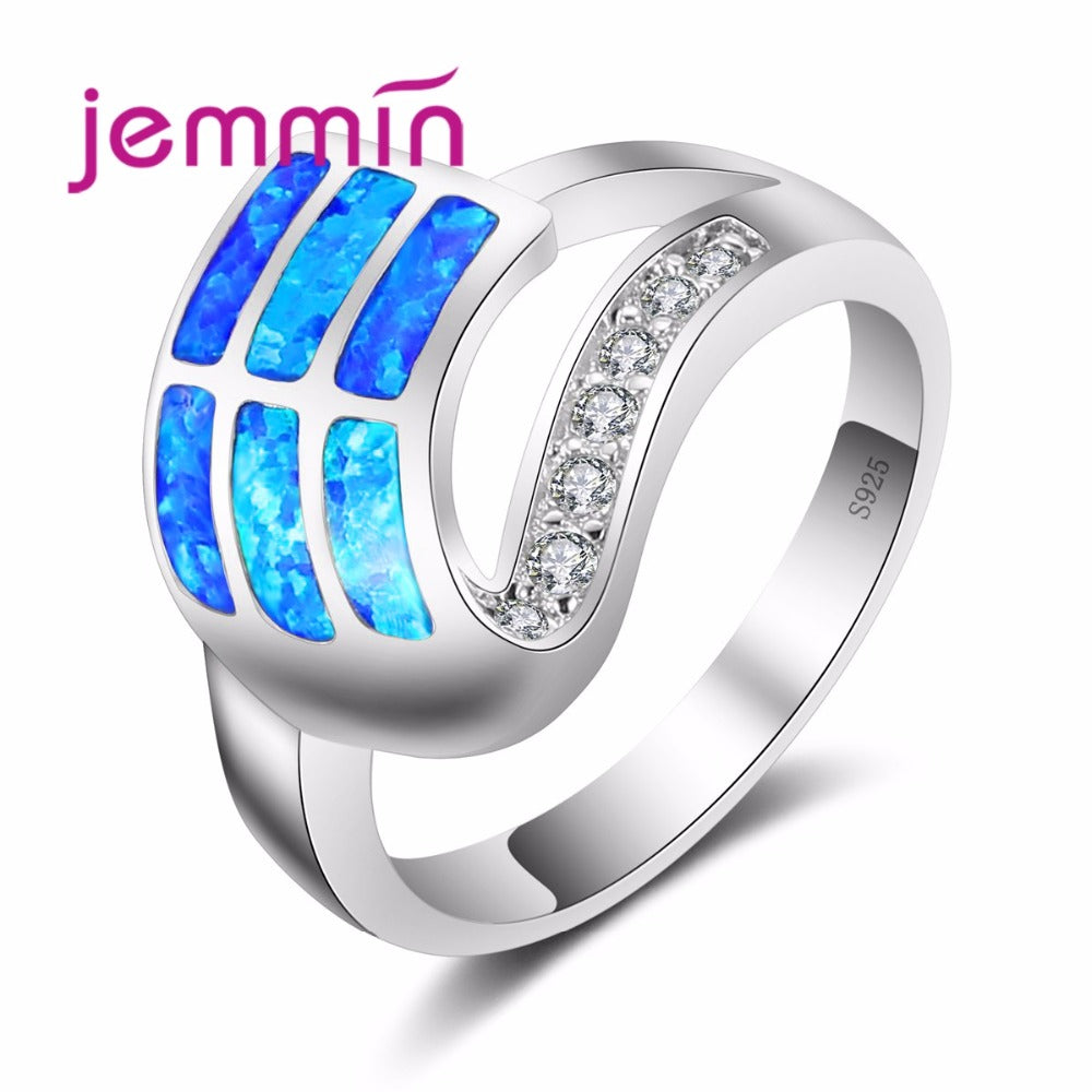 Blue Opal Finger Rings Retro Style Women Fine Jewelry 925 Sterling Silver Rhinestone Ring For Wedding Party Accessory