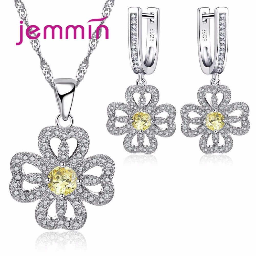 Brand 925 Silver Rhinestone Necklace And Earing Sets Wedding Accessory Women Pendants Necklaces Earrings Bridal Jewelry
