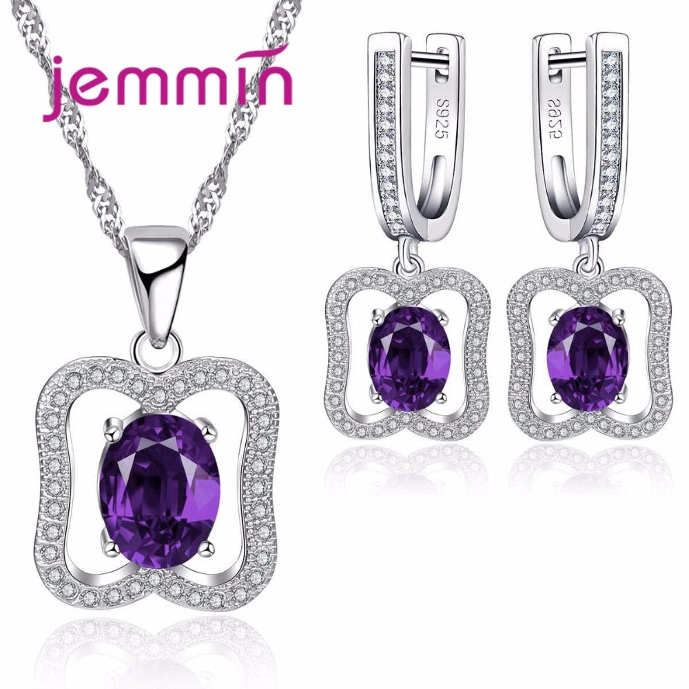 Brand 925 Sterling Silver Chain Pendants Necklaces Earring Set For Women Engagement Amethyst Bridal Wedding Jewelry Sets
