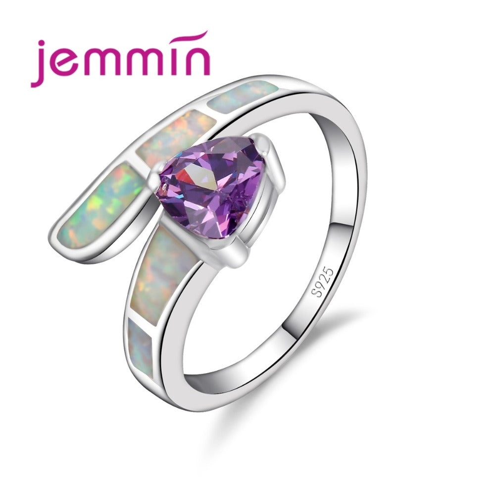 Brand 925 Sterling Silver Rings Fine Bridal Wedding Jewelry Accessory Purple Crystal Engagement Ring With White Opal
