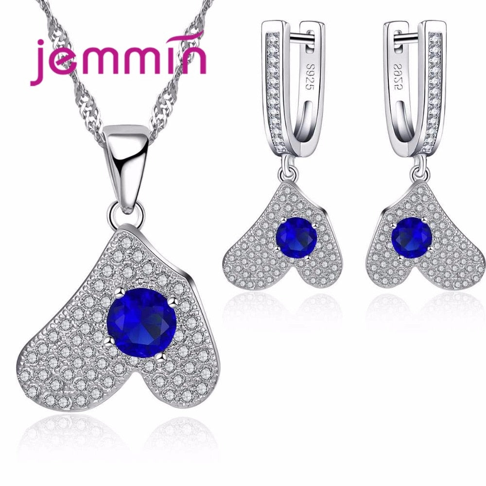 Brand Geometric 925 Sterling Silver Austrian Blue Crystal Pendants Necklaces And Earring Set For Women Party Accessory