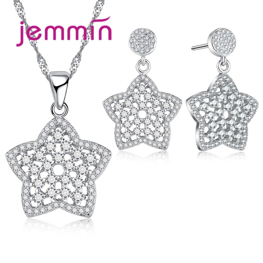 Brand Geometric Five Star Hollow Clear CZ Crystal Jewelry Sets For Party Women 925 Sterling Silver Bridal Wedding Sets