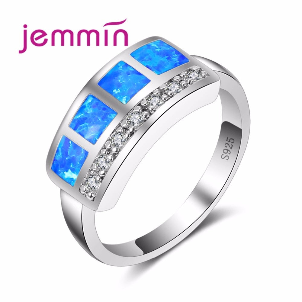Brand Women Channel Seeting White Crystal Rings With Blue Fire Opal Clear Rhinestone Fine 925 Sterling Silver Wedding