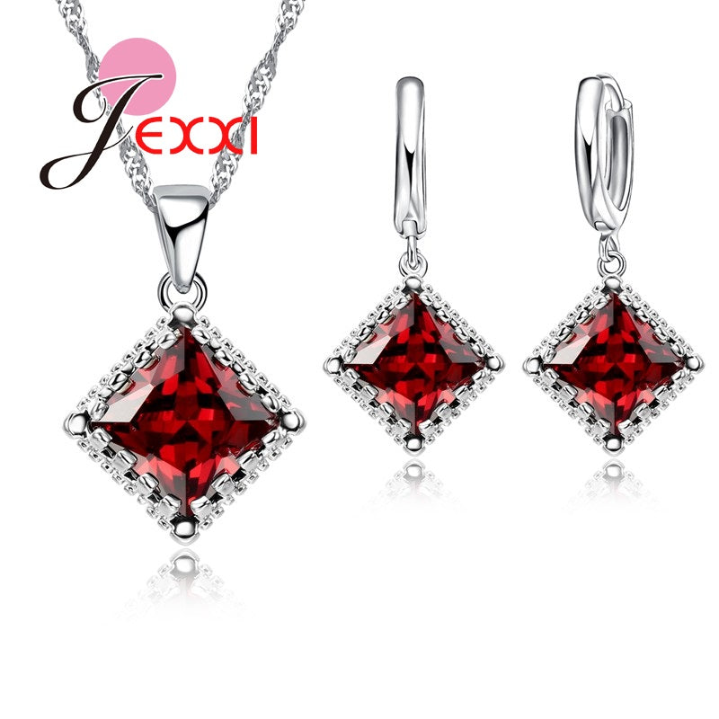 Bridal Jewelry Sets 925 Sterling Silver Fine Jewelry Red Austrian Crystal Pendant Necklaces Earrings For Women Bijoux
