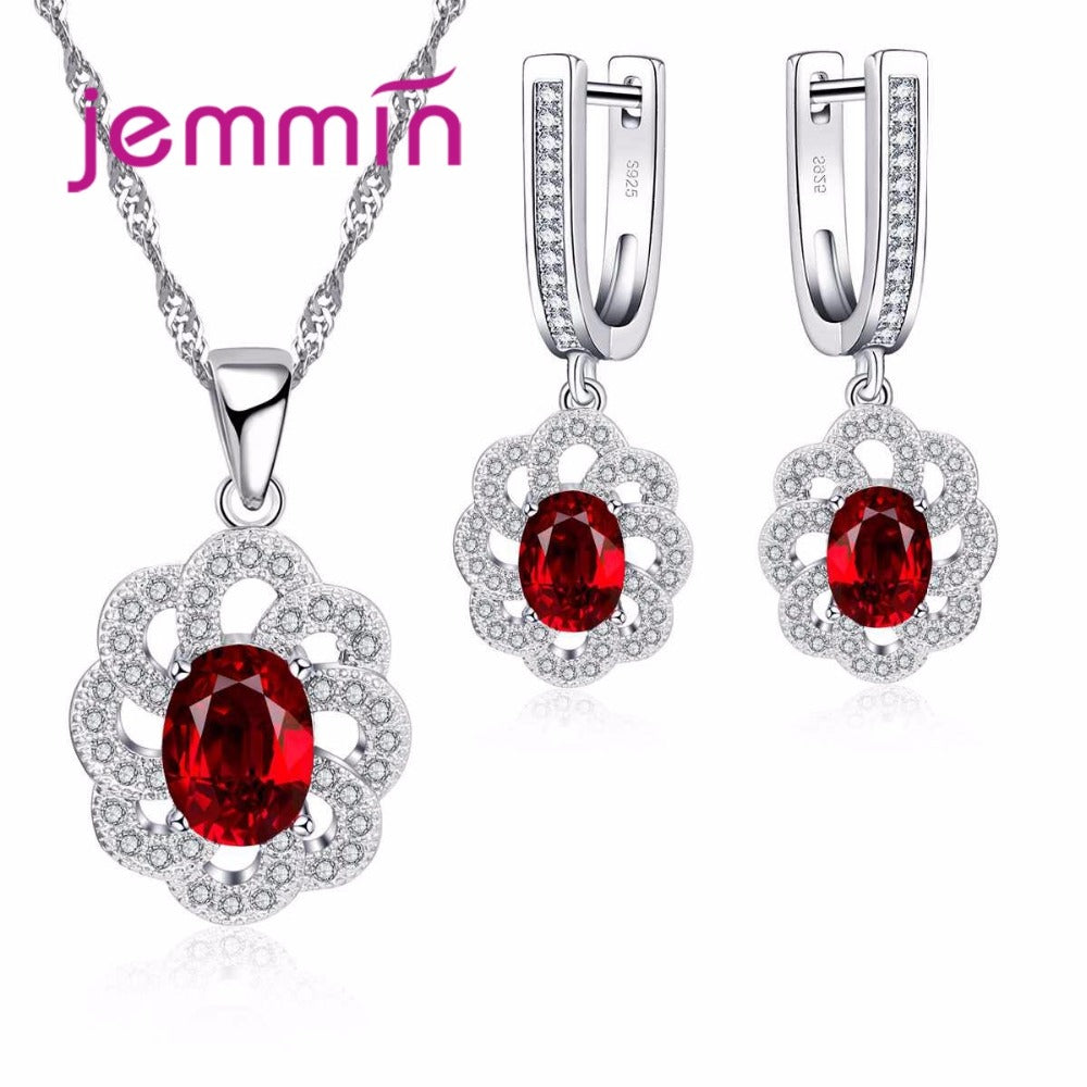 Charm Bride Jewelry Set 925 Sterling Silver Red Austrian Crystal Earrings Pendants Necklaces Jewellery Sets For Wedding