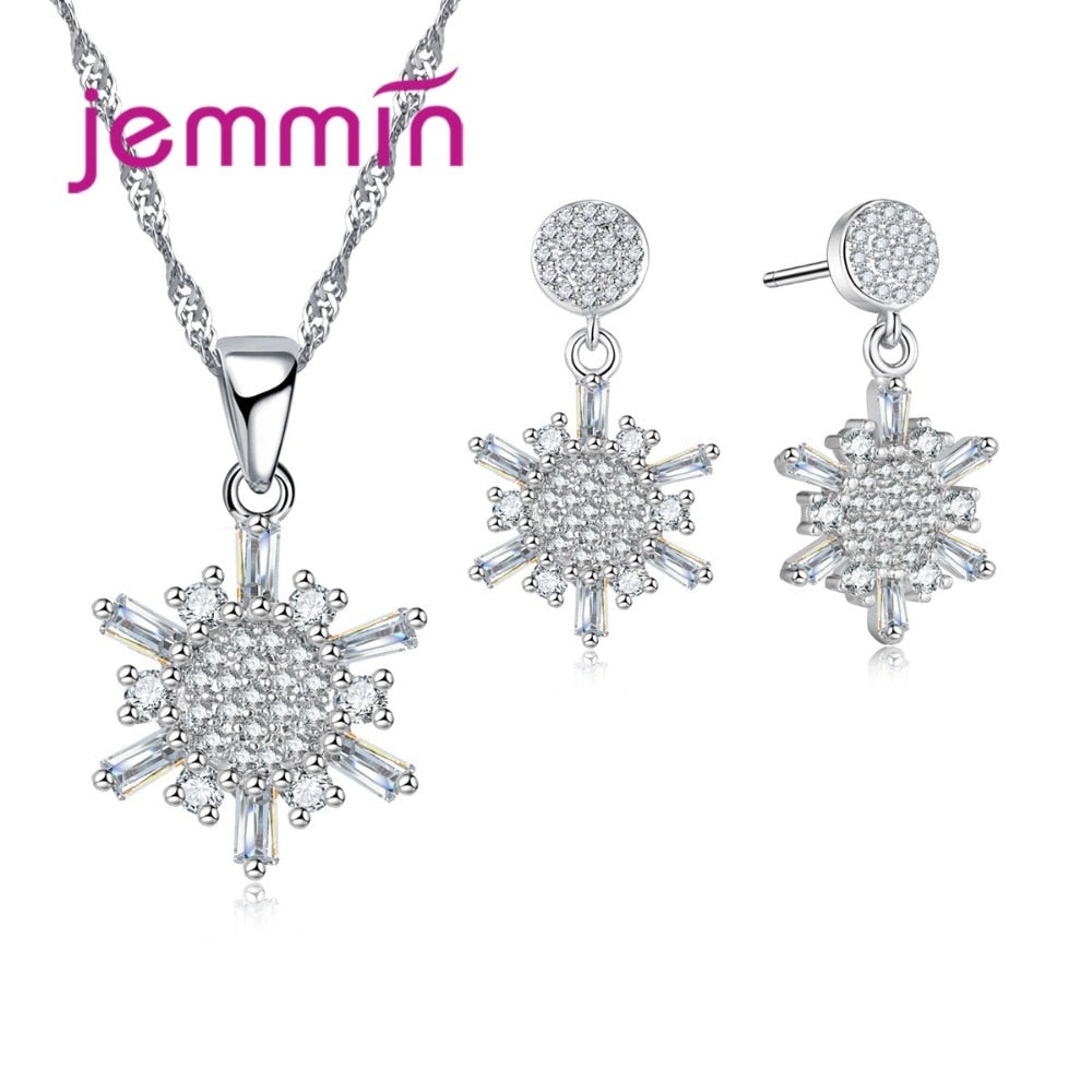 Charm CZ Crystal Jewelry Sets For Women Statement Necklace Stud Earrings Fine 925 Sterling Silver Wedding Engagement Set