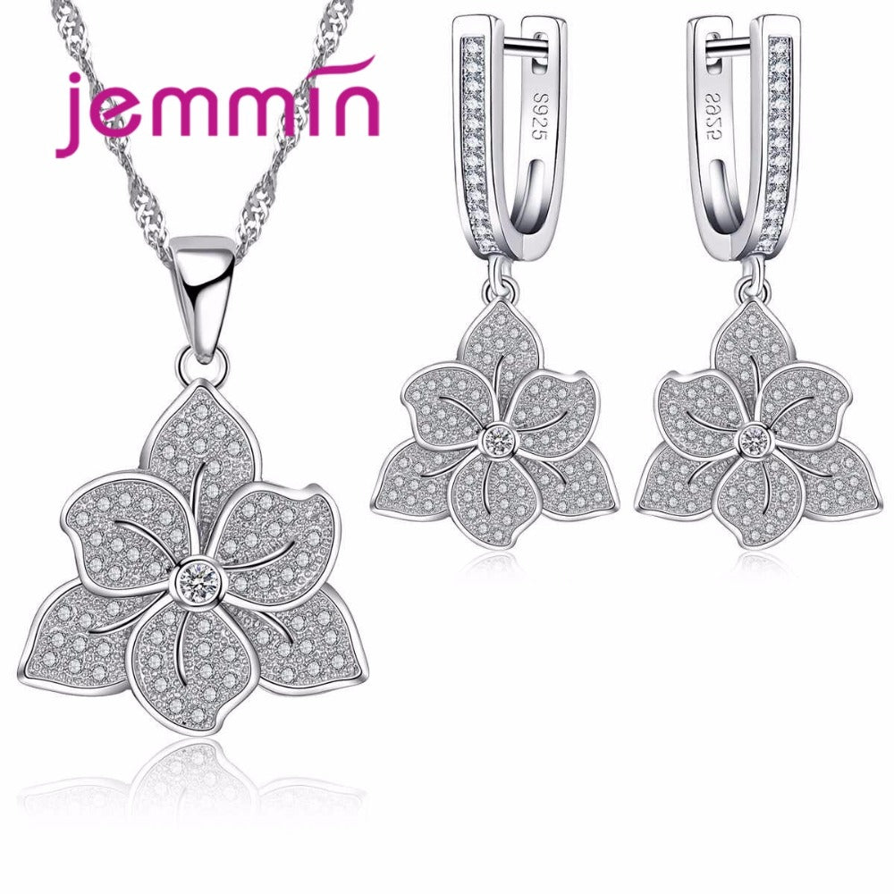 Charm Flower Pendants Necklaces Earrings Set For Women Party Wedding Accessory 925 Sterling Silver Bridal Jewelry Sets