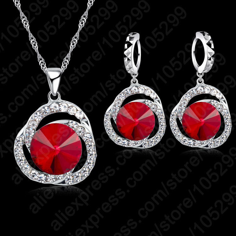 Charm Women Red Crystal Pendants Necklace Earrings Set Gift Bridal Wedding 925 Sterling Silver Jewelry Sets Accessory