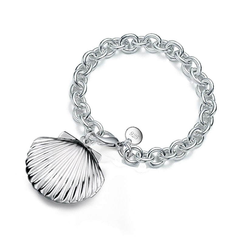 Charms Fashion 925 Sterling Silver Chunky Chain Bracelet Shell Shape Photo Locket Bracelets Elegant Fine Jewelry