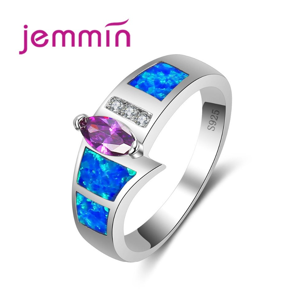 Classic Dazzling Irregular Colorful Ring Blue Purple White Crystal Stone 925 Sterling Silver Ring Women Noble Ring