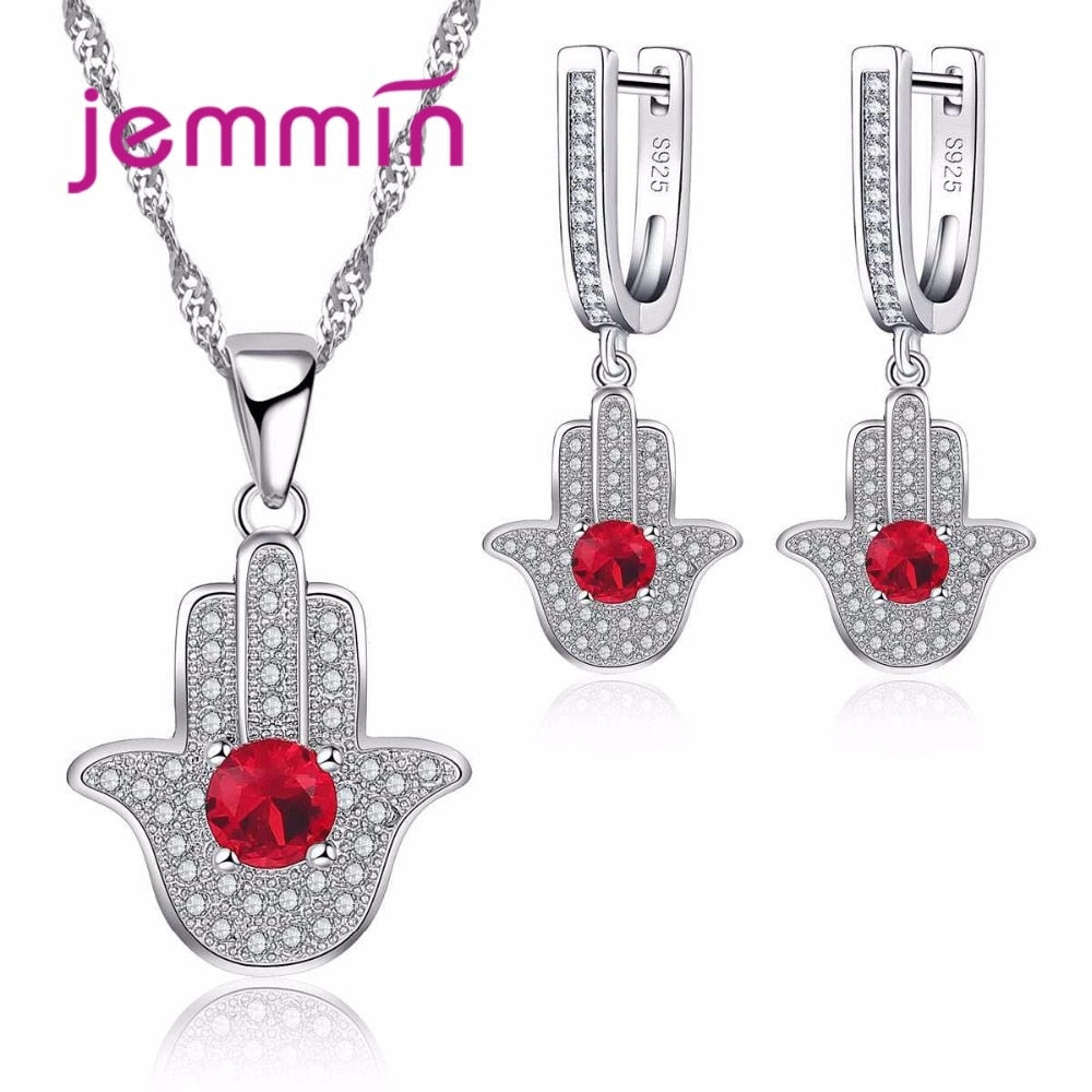 Creative Palm Rhinestone Pendants Necklace Earrings Set For Party Women 925 Sterling Silver Ruby Bridal Wedding Jewelry