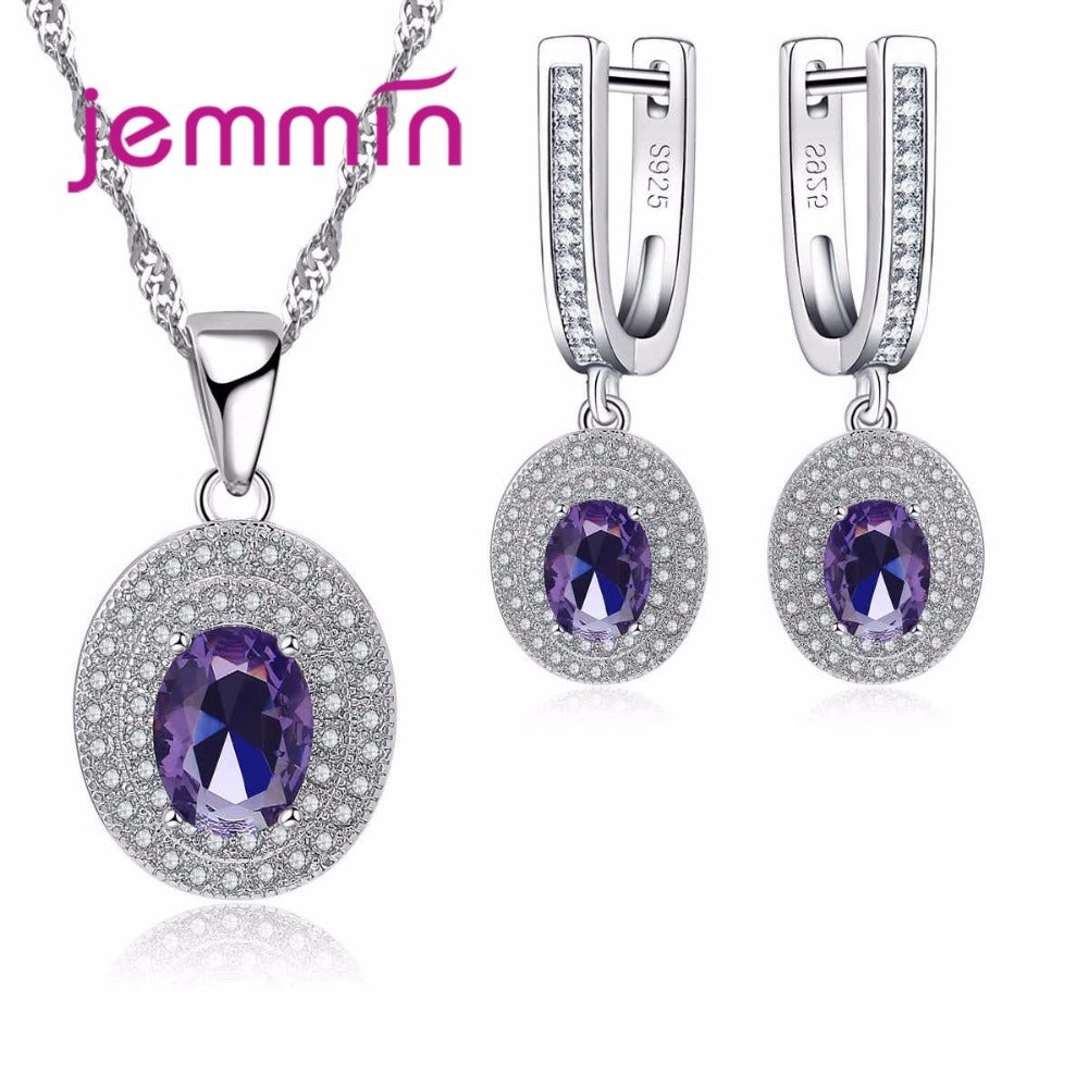 Elegant 925 Silver Jewelry Sets For Woman Gift With Dark Purple Crystal Bridal Wedding Pendants Necklace And Earrings Set