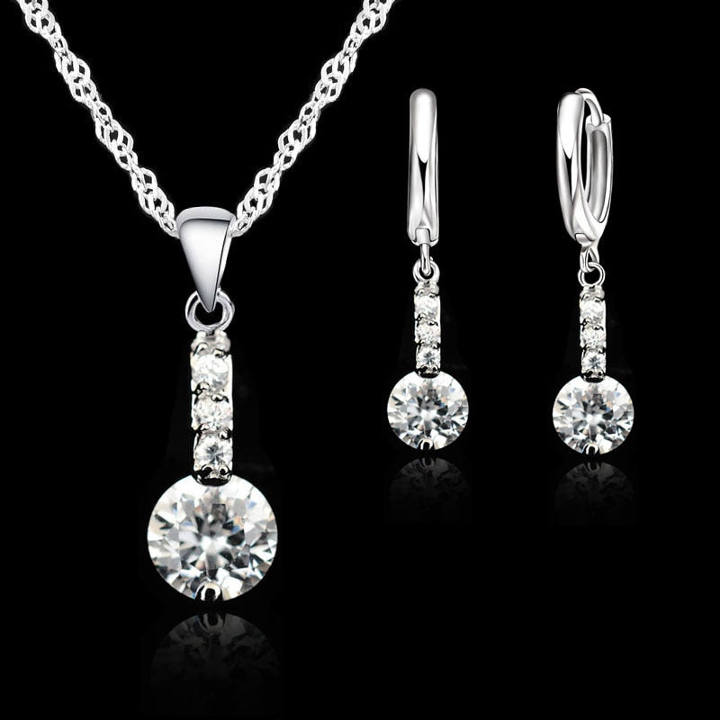Elegant 925 Sterling Silver Crystal Pendant Necklace Earrings Set For Women Fine Bridal Wedding Jewelry Sets Gift