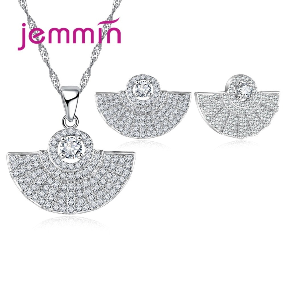 Elegant Full Clear CZ Crystal Pendant Necklace Stud Earrings Set For Female Fine 925 Sterling Silver Jewelry Set Bague