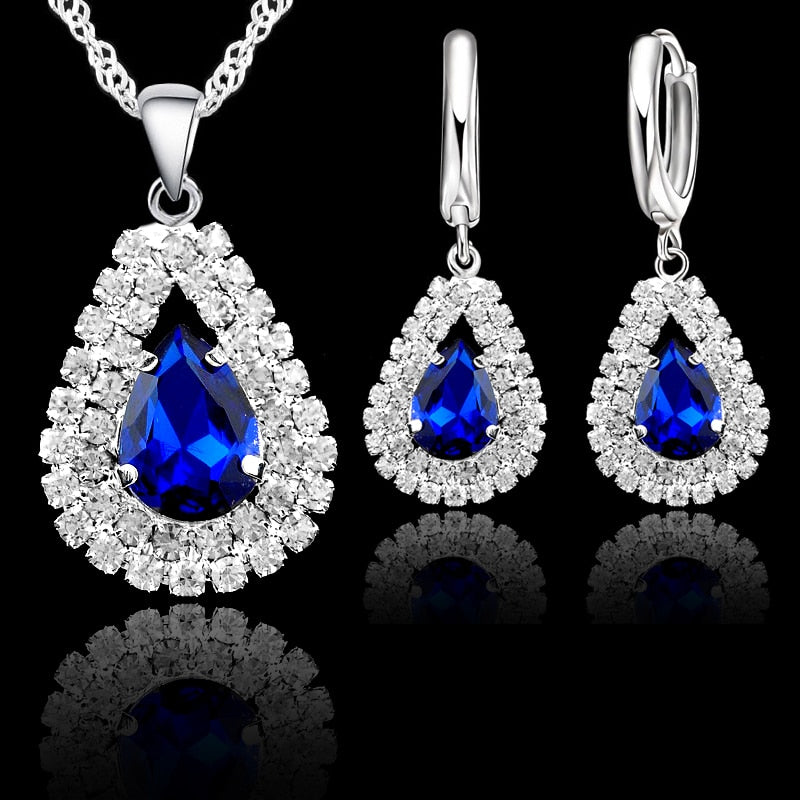 Elegant Wedding Jewelry Sets 925 Sterling Silver Women Fine Water Drop Crystal Engagement Pendant Necklace Earrings Set
