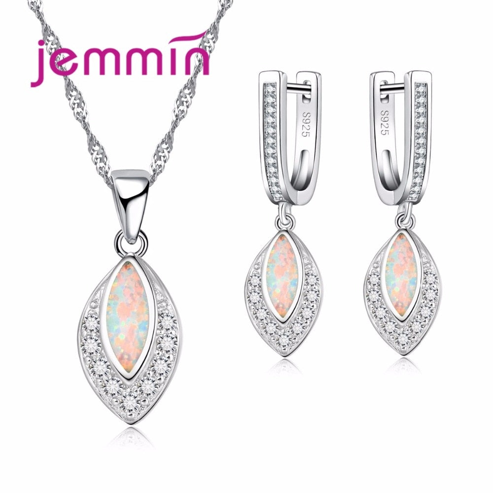 Elegant Women Female 925 Sterling Silver Necklace Earrings Set With Water Drop AAA Opal Party Wedding Jewelry Set