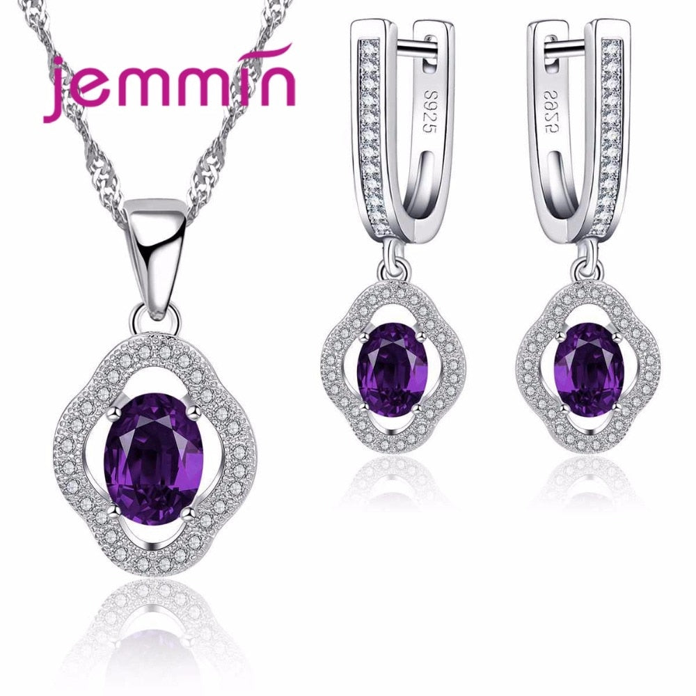 European Purple Crystal Jewelry Sets For Women Wedding S925 Stamped Silver Necklace Earrings Set Bijoux Femme Accessory