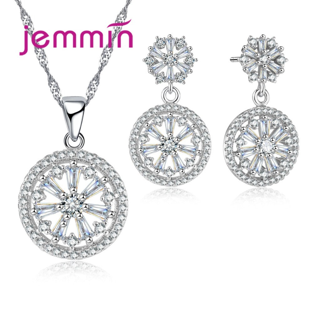 Exaggerated Hollow Out CZ Crytal Pendant Necklace Drop Earrings Set For Party Jewelry 925 Sterling Silver Engagement Sets