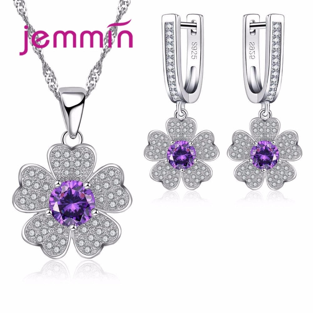 Exquisite Fine 925 Silver Jewelry Wedding Jewelry Set Flower Necklaces Pendants Earrings Sets With Clear Micro Rhinestone