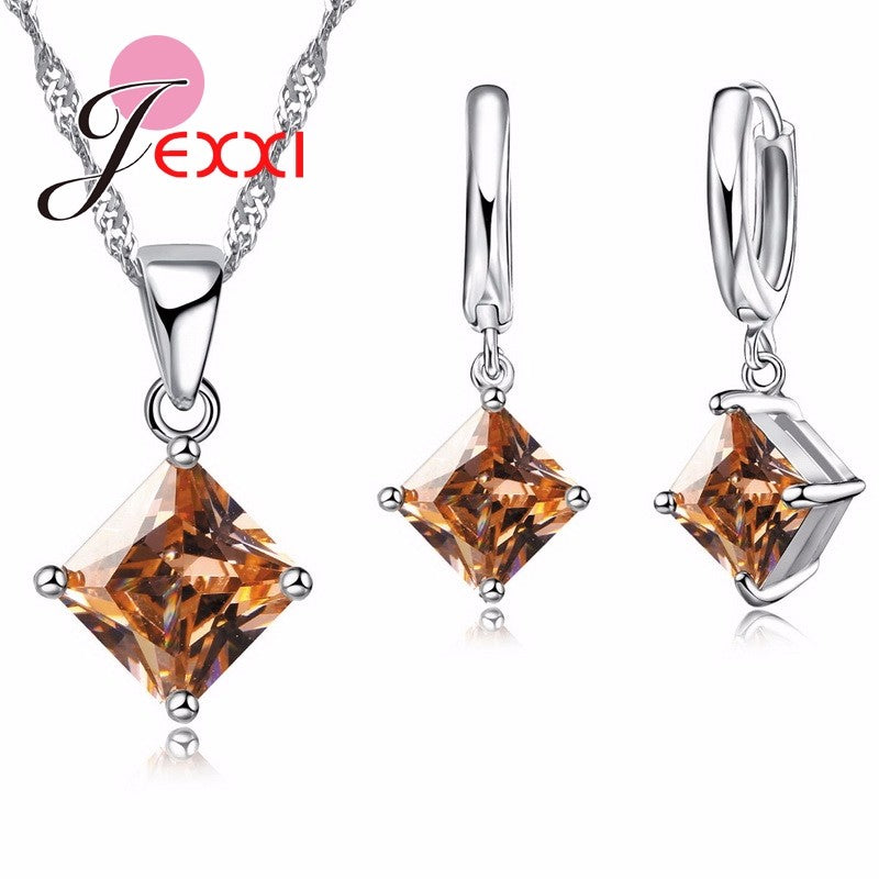 Exquistie Women Crytal Pendant Necklaces And Earring Set 925 Sterling Silver Bridal Wedding Jewelry Sets For Female Gift