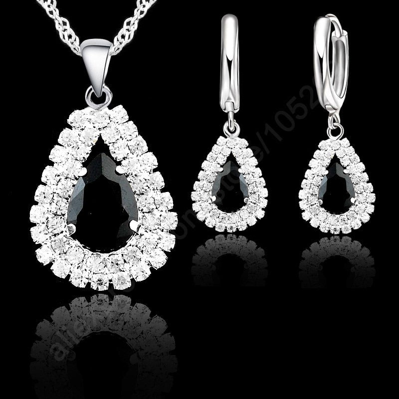 Fashion Water Drop Crystal Pendant Necklace Earrings Set Sterling Silver Bridal Wedding Jewelry Sets For Women Accessory