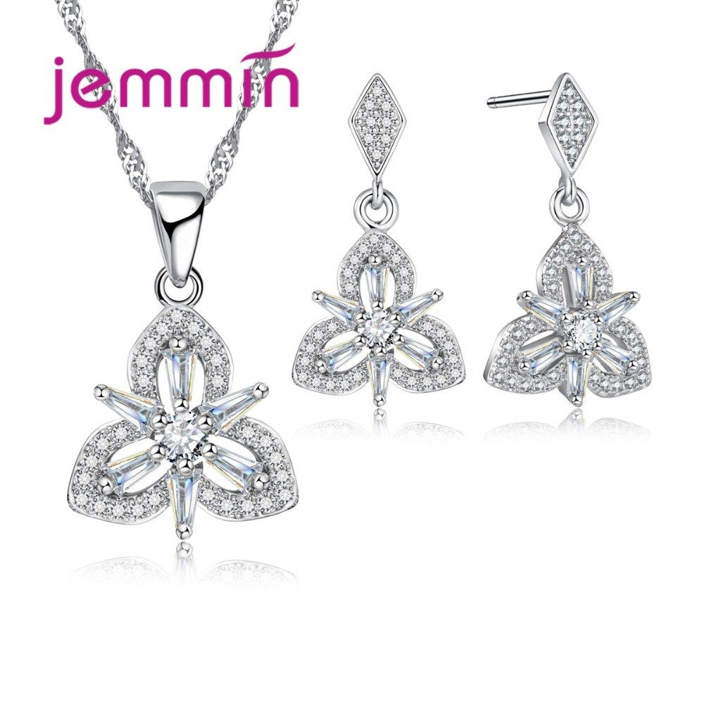 Fine 925 Sterling Silver Bridal Jewelry Sets For Women Flower Shape CZ Crystal Pendant Necklace Earrings Set For Female