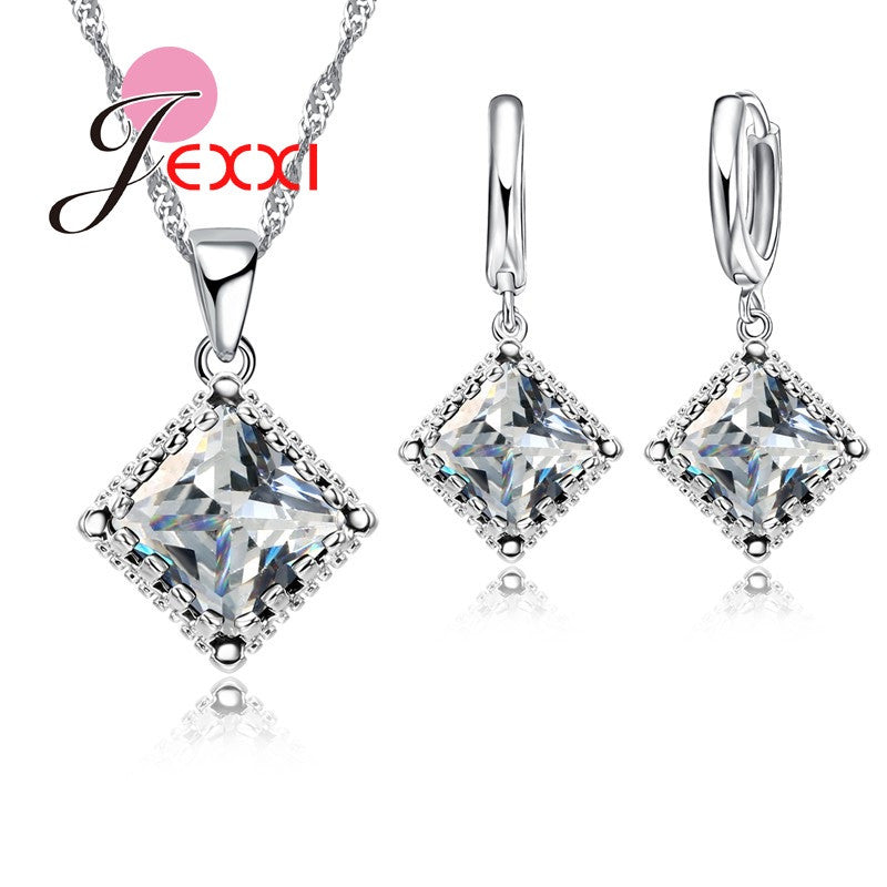 Fine 925 Sterling Silver Crystal Bridal Wedding Jewelry Sets For Women Engagement Necklace Earring Set Accessory