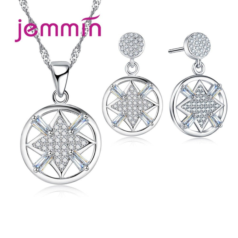 Fine 925 Sterling Silver Geometric Hollow Out CZ Crystal Jewelry Sets For Wedding Engagement Accessories Drop Earring Set