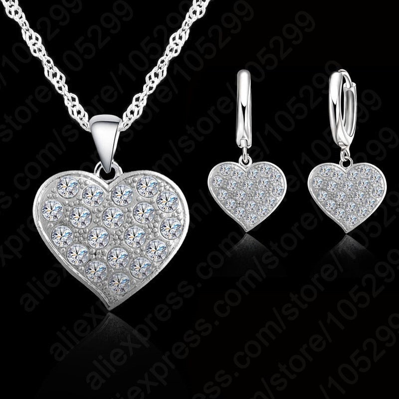 Fine 925 Sterling Silver Heart Diamond Bridal Wedding Jewelry Set For Women Pendant Necklace Earring Set Bijoux