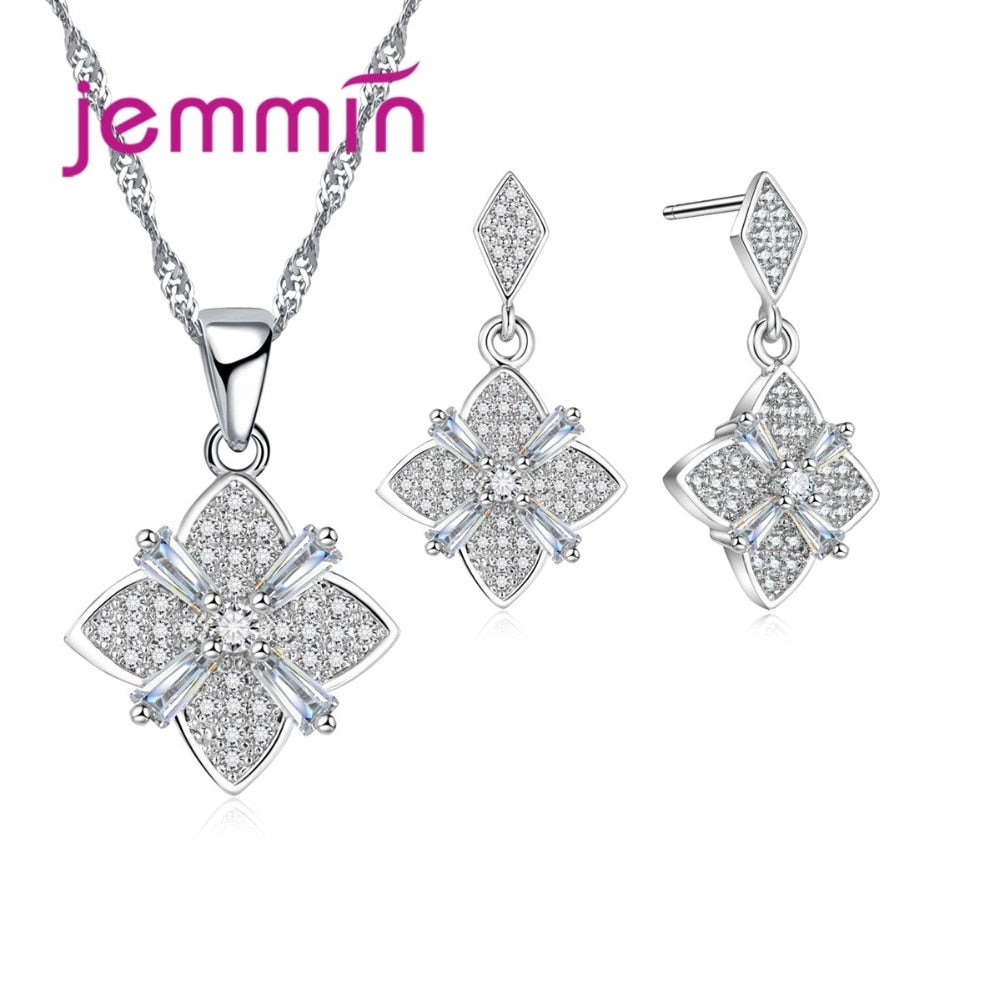 Fine 925 Sterling Silver Jewelry Women CZ Crystal Pendant Necklace Drop Earrings Set For Engagement Party Bijoux Bague