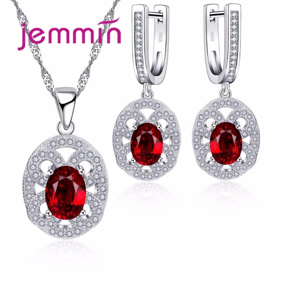 Fine 925 Sterling Silver Red Austrian Crystal Necklaces And Earrings Bridal Wedding Jewelry Sets For Women Accessories