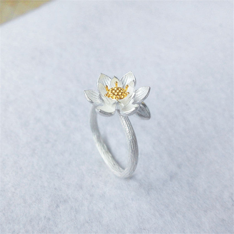 Fine 925 Sterling Silver Ring Lotus Drawing Open Ring Female Creative Chinese Traditional Jewelry Rings