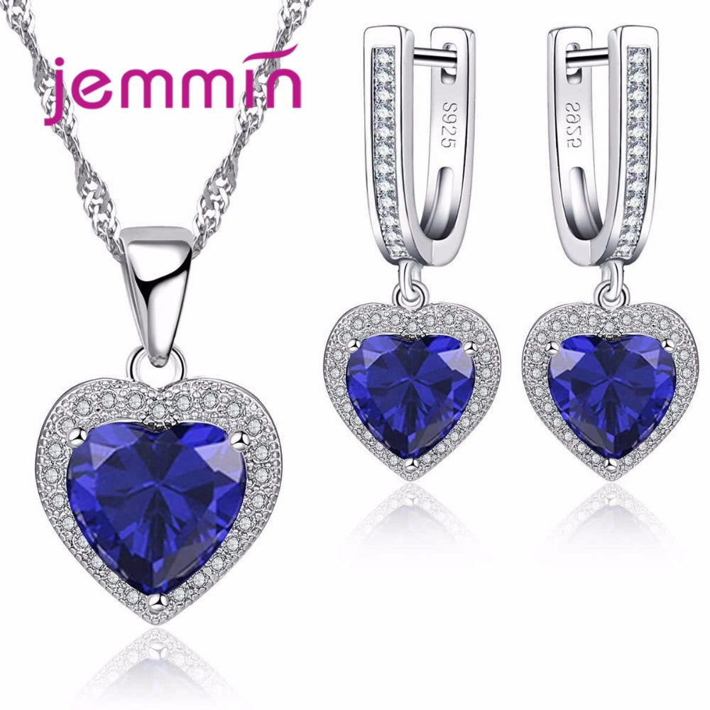 Fine 925 Sterling Silver Wedding Jewelry Sets For Brides Valentine D Sapphire Crystal Pendants Necklaces Earring Sets