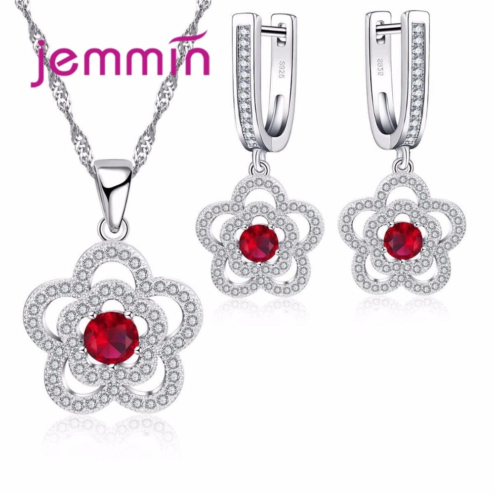 Fine Jewelry Sets With Clear Micro Rhinestone Woman 925 Silver Flower Pendants Necklaces Earring Set For Wedding Party