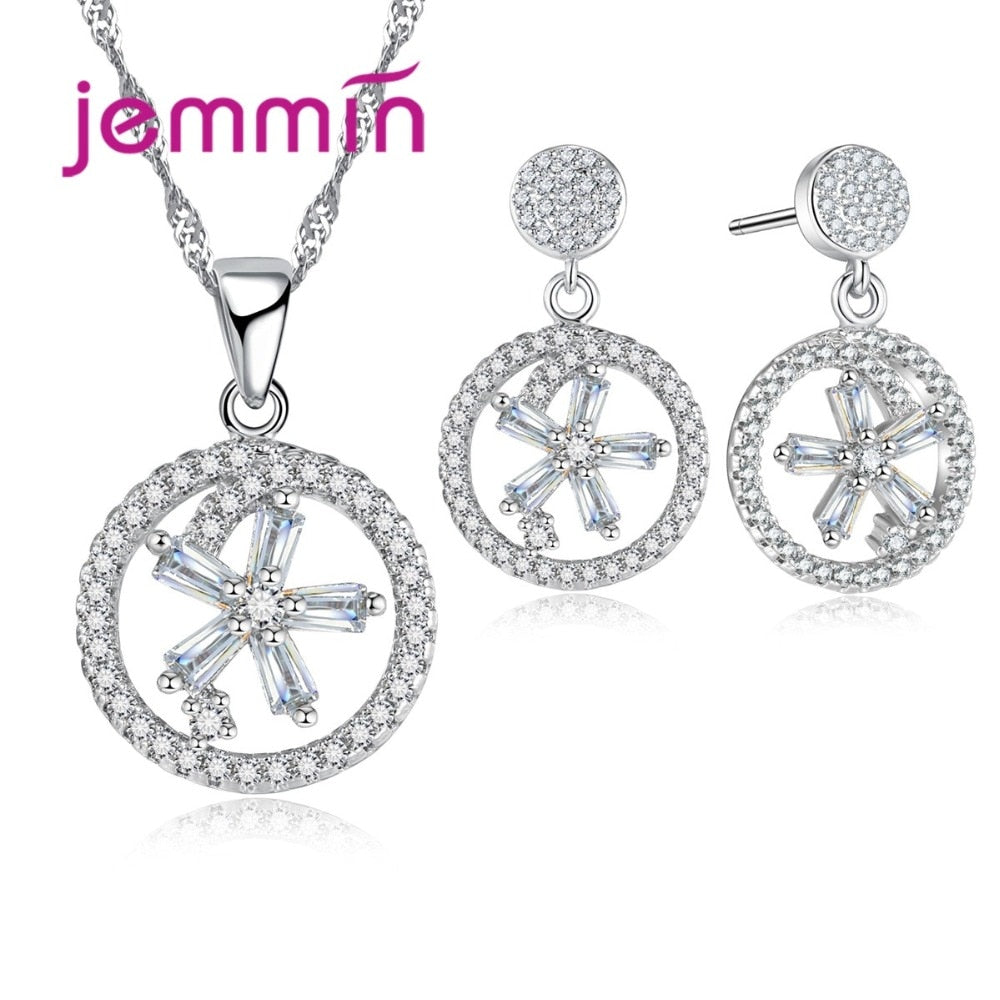 Fine Quality Geometric Design Women Sterling Silver Necklace Earring Set For Party Jewelry Bridal Wedding Crystal Set