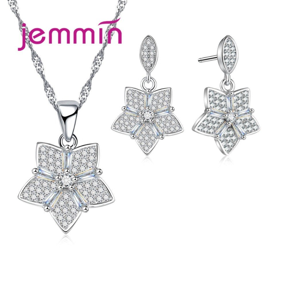 Fine Vintage Flower Jewelry Sets For Women 925 Sterling Silver CZ Crystal Pendant Necklace Drop Earring Set Accessories