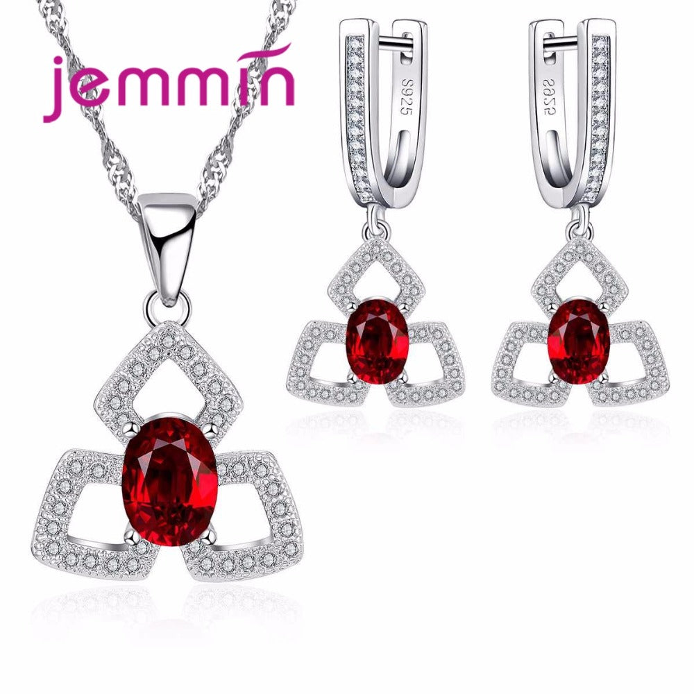 Geometric Shape 925 Sterling Silver Ruby Bridal Jewelry Sets For Wedding Woman Birthd Statement Necklace Earrings Set