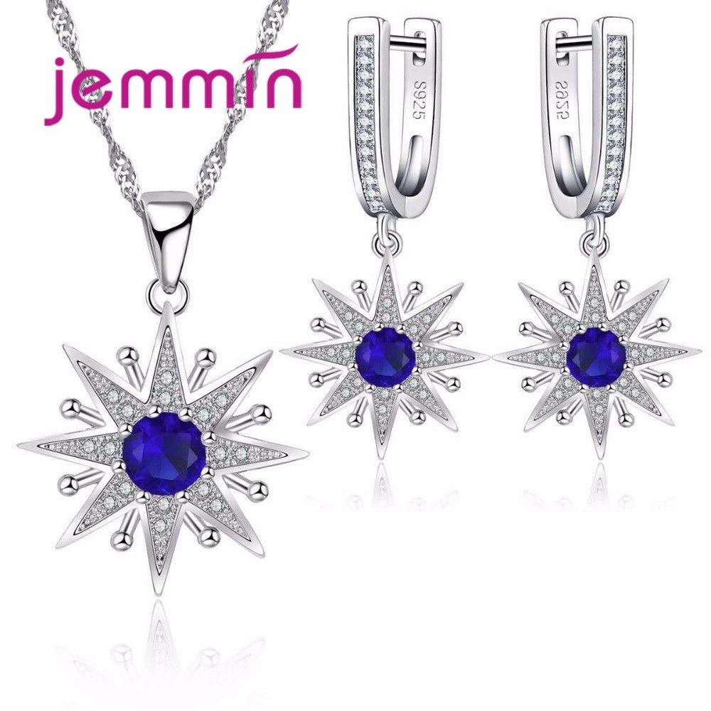 Gorgeous Crystal Bridal Jewelry Sets 925 Sterling Silver Color Flower Star Earrings Necklace Sets Wedding Jewelry