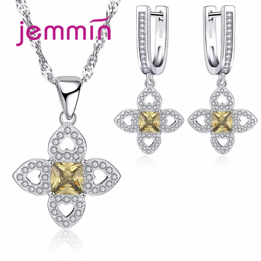 High Quality Cross Yellow Austrian Crystal Woman Jewelry Set Sterling Silver 925 Fashion Jewellery Sets Christmas Gift