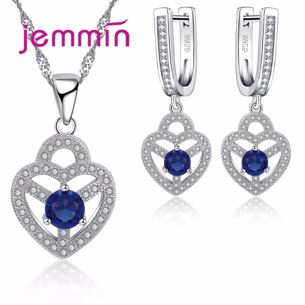 Hot Blue Crystal Jewelry Sets Silver 925 Women Hollow Out Heart Rhinestone Pendants Necklace Earrings Set For Anniversary