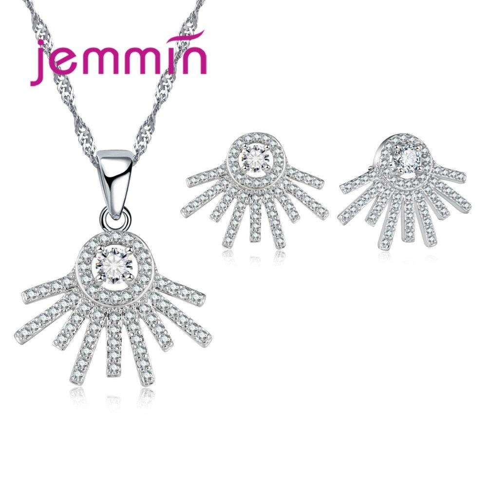 Hot Crystal Stud Earrings Pendant Necklace Set For Women Party Jewelry Geometric 925 Sterling Silver Bridal Wedding Sets