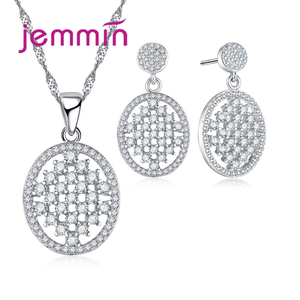 Hot Oval Shape Hollow Out Full Clear Micro CZ Crystal Pendant Necklace Drop Earring Set 925 Sterling Silver Jewelry Sets