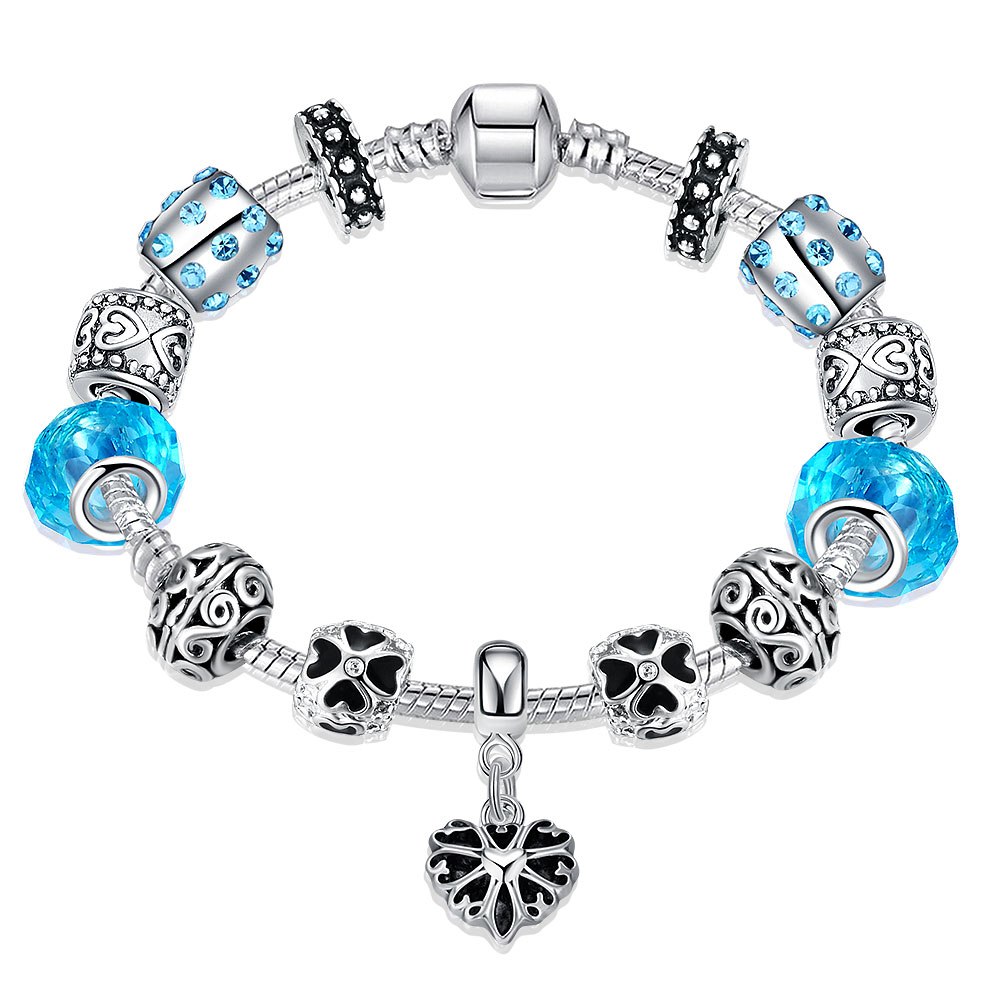 Hot Sell European Style 925 Silver Crystal Charm Bracelet for Women With Blue Murano Glass Beads DIY Jewelry