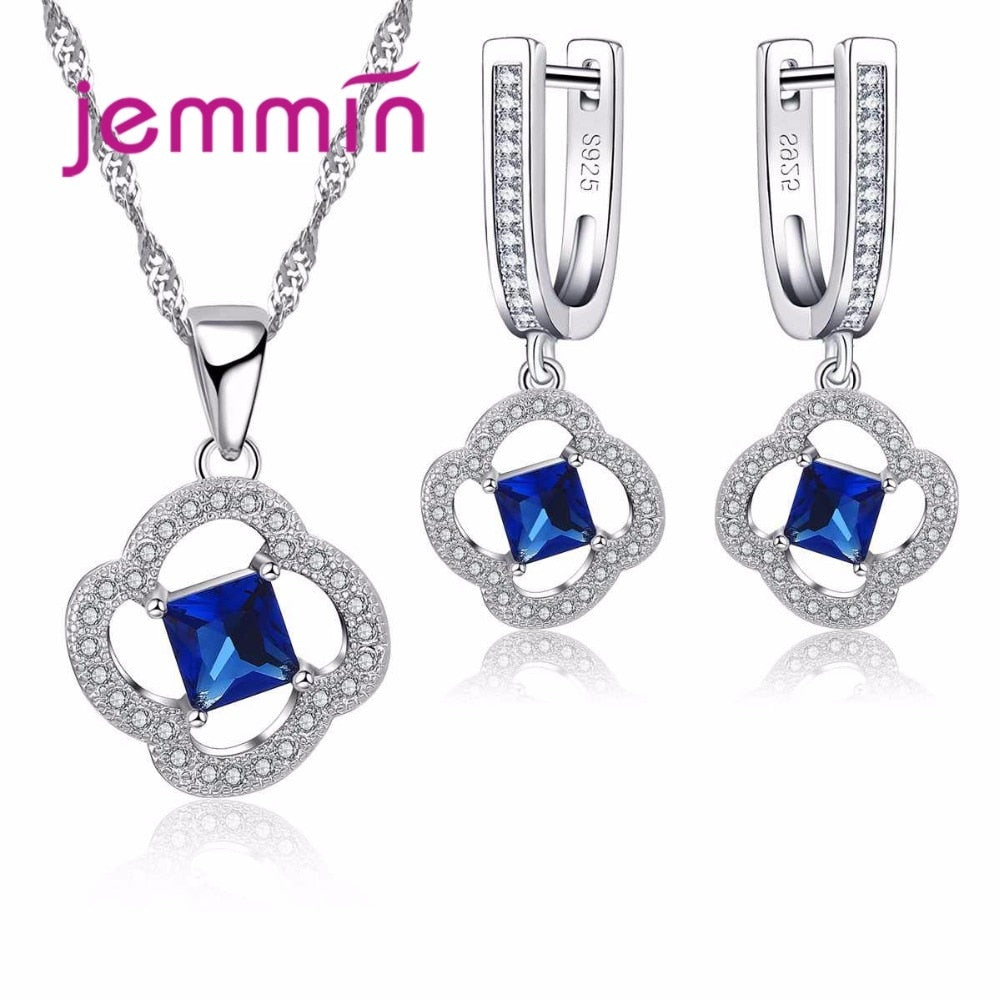 Lovely 925 Sterling Silver Pendants Necklaces Earrings Set For Engagement Party Gift Woman Austrian Crystal Jewelry Sets