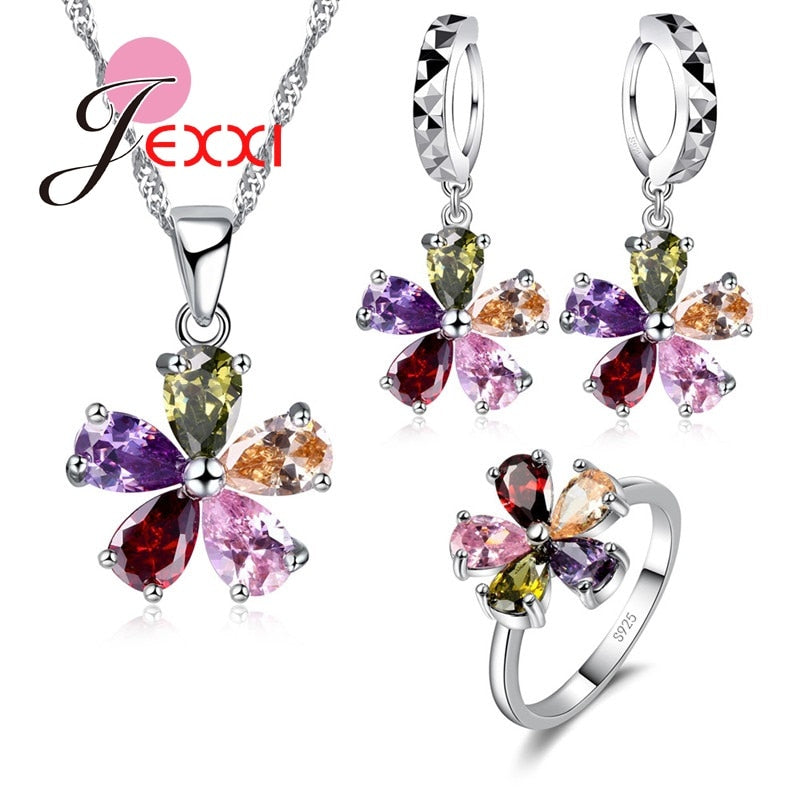 Lovely Flower Women Girls Party Crystal Jewelry Set 925 Sterling Silver Necklace Earrings Set Holid Gift Wholesale