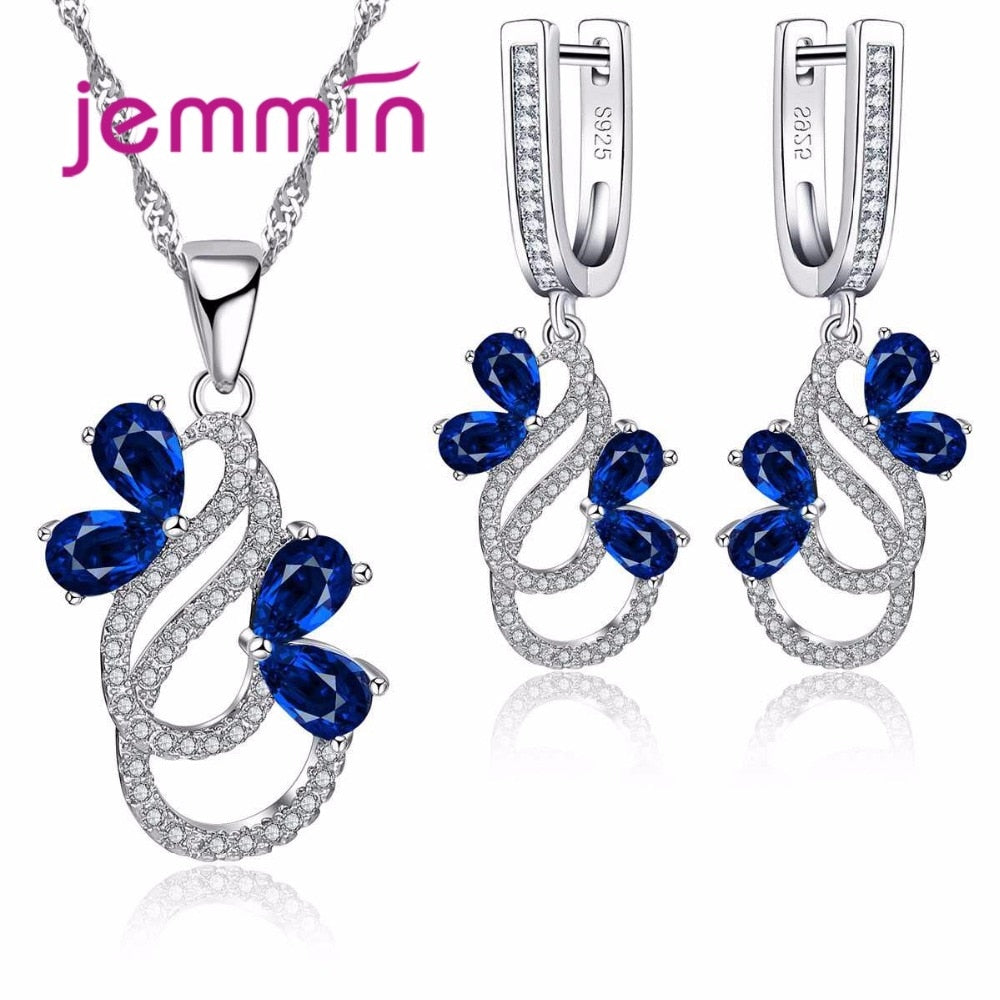 Luxury 925 Sterling Silver Necklace Earrings Set For Women Female Party Bule Austrian Crystal Jewelry High Quality