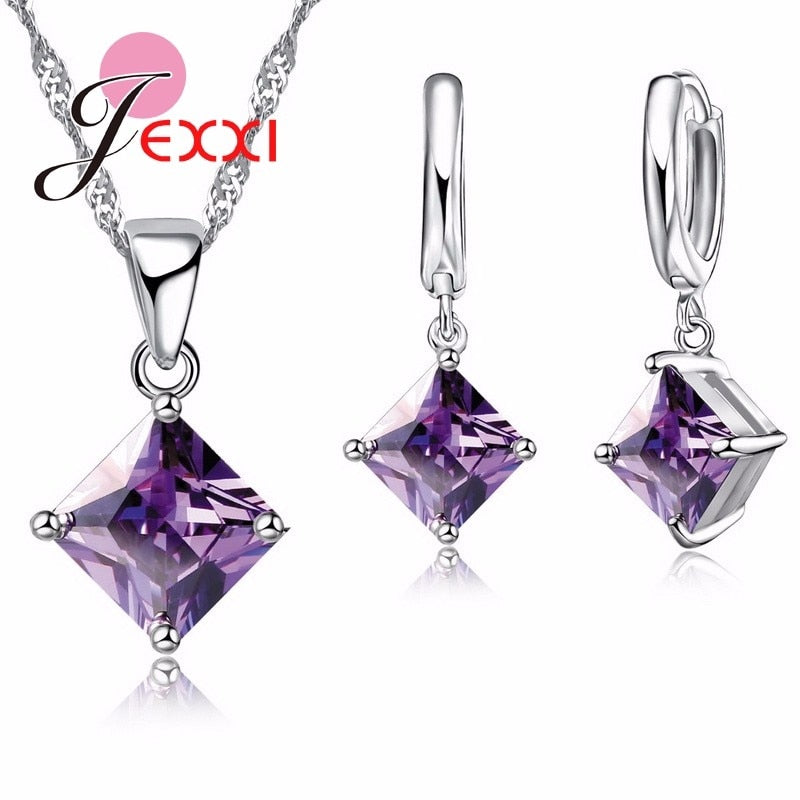 Luxury Amethyst Woman Bridal Wedding Jewelry Sets Fine 925 Sterling Silver Pendants Necklace Earrings Set For Engagement