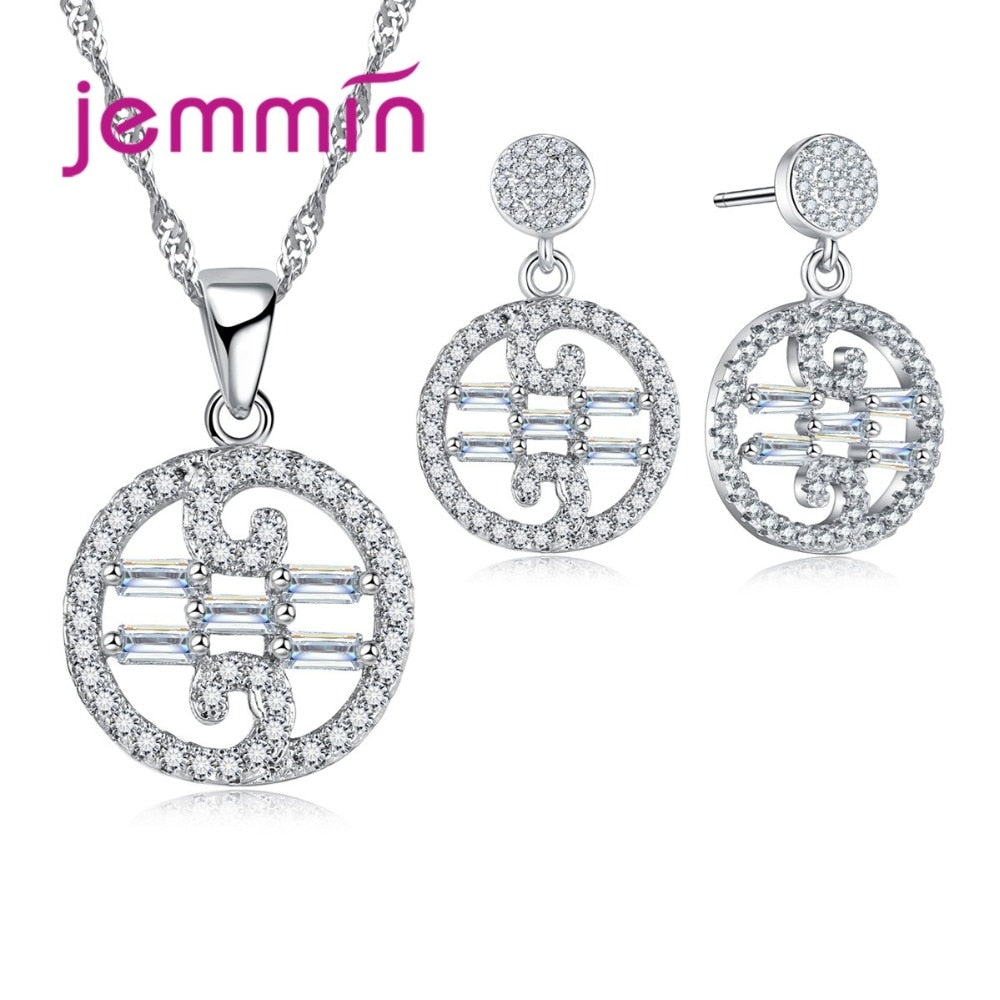 Luxury Clear CZ Crystal Wedding Engagement Jewelry Sets For Women Fine 925 Sterling Silver Necklace Drop Earrings Set