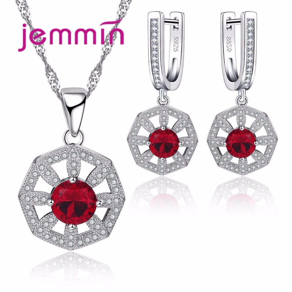 Natural Red CZ White Crystal 925 Sterling Silver Jewelry Set For Women Wedding Earrings/Pendant/Necklace Set Wholesale